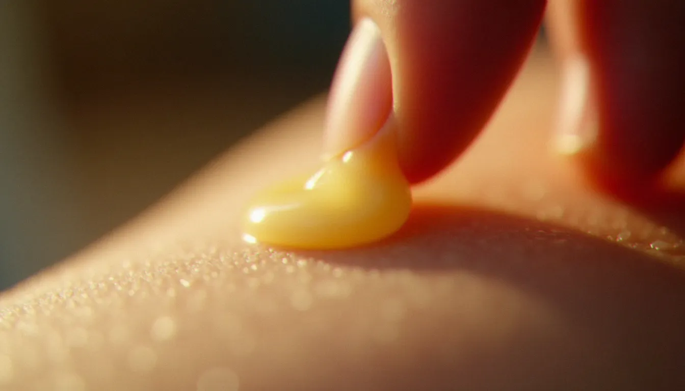 Application d'un baume topique au CBD sur la surface de la peau, montrant la texture occlusive de la cbd salve en gros plan