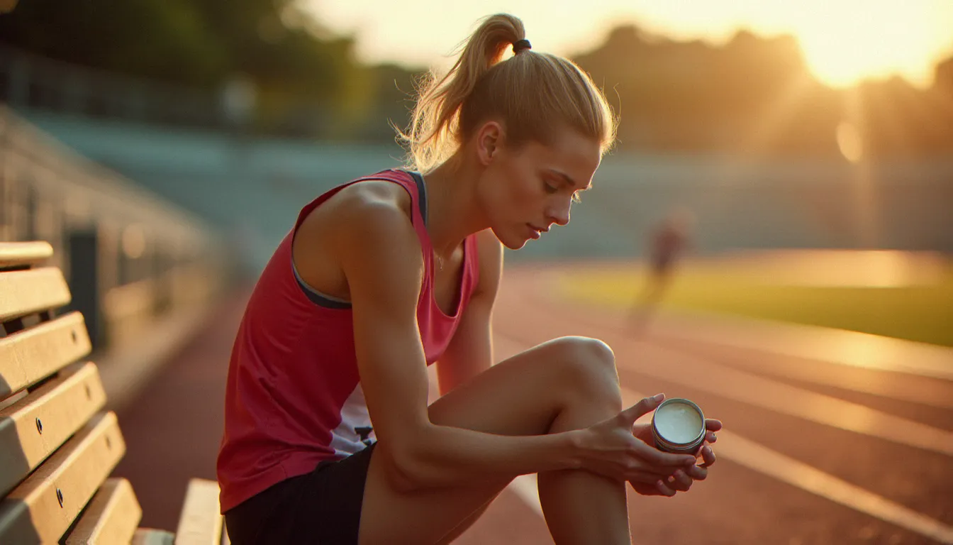 Athlète féminine appliquant une cbd salve sur le genou après un entraînement sur piste, lumière dorée de fin de journée