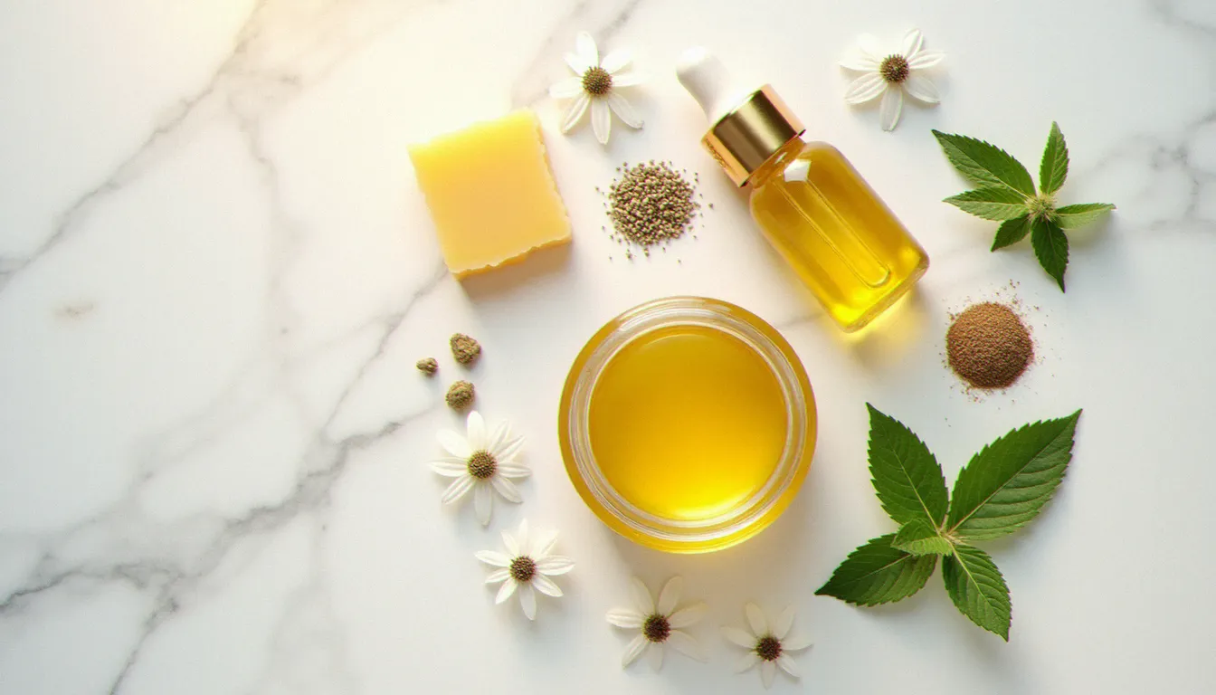 Ingrédients d'un cbd salve de qualité disposés sur marbre blanc : cire d'abeille, huile de chanvre, jojoba, arnica et menthe