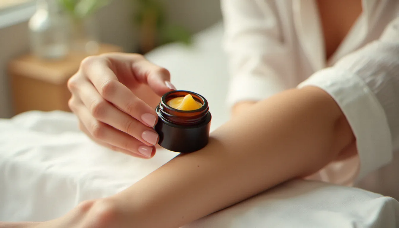 Application d'un cbd salve ambré sur l'avant-bras, pot en verre sombre, lumière naturelle