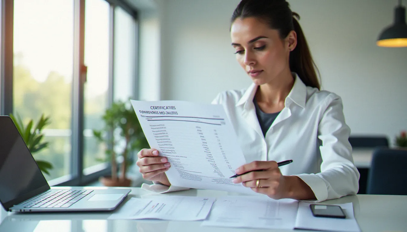 Professionnelle consultant attentivement un certificat d'analyse de laboratoire pour vérifier la teneur en THC d'un produit CBD sans THC, stylo à la main