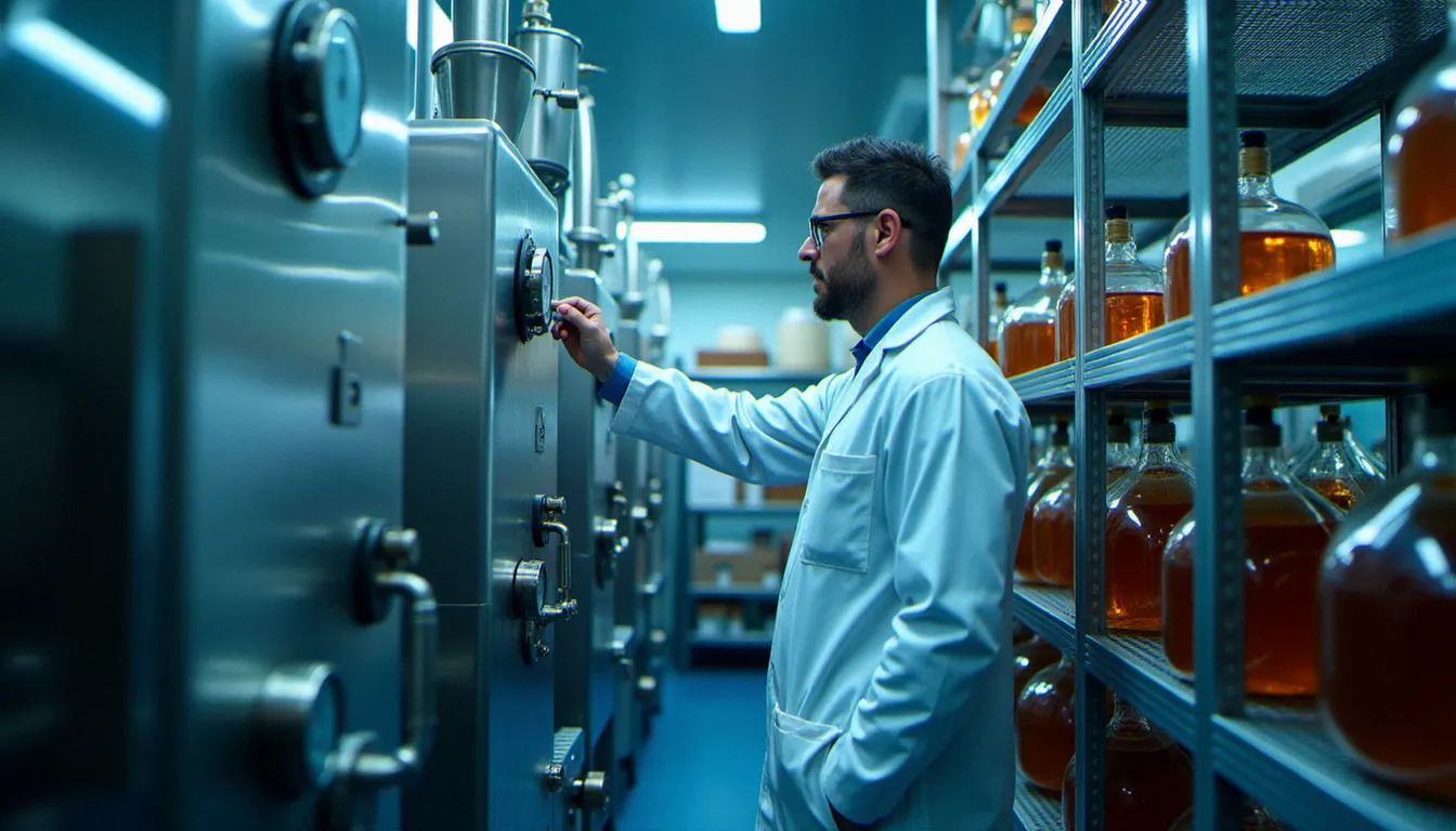 Laboratoire industriel équipé d'une machine d'extraction CO2 supercritique utilisée pour produire du CBD sans THC, technicien en blouse blanche surveillant les paramètres de distillation