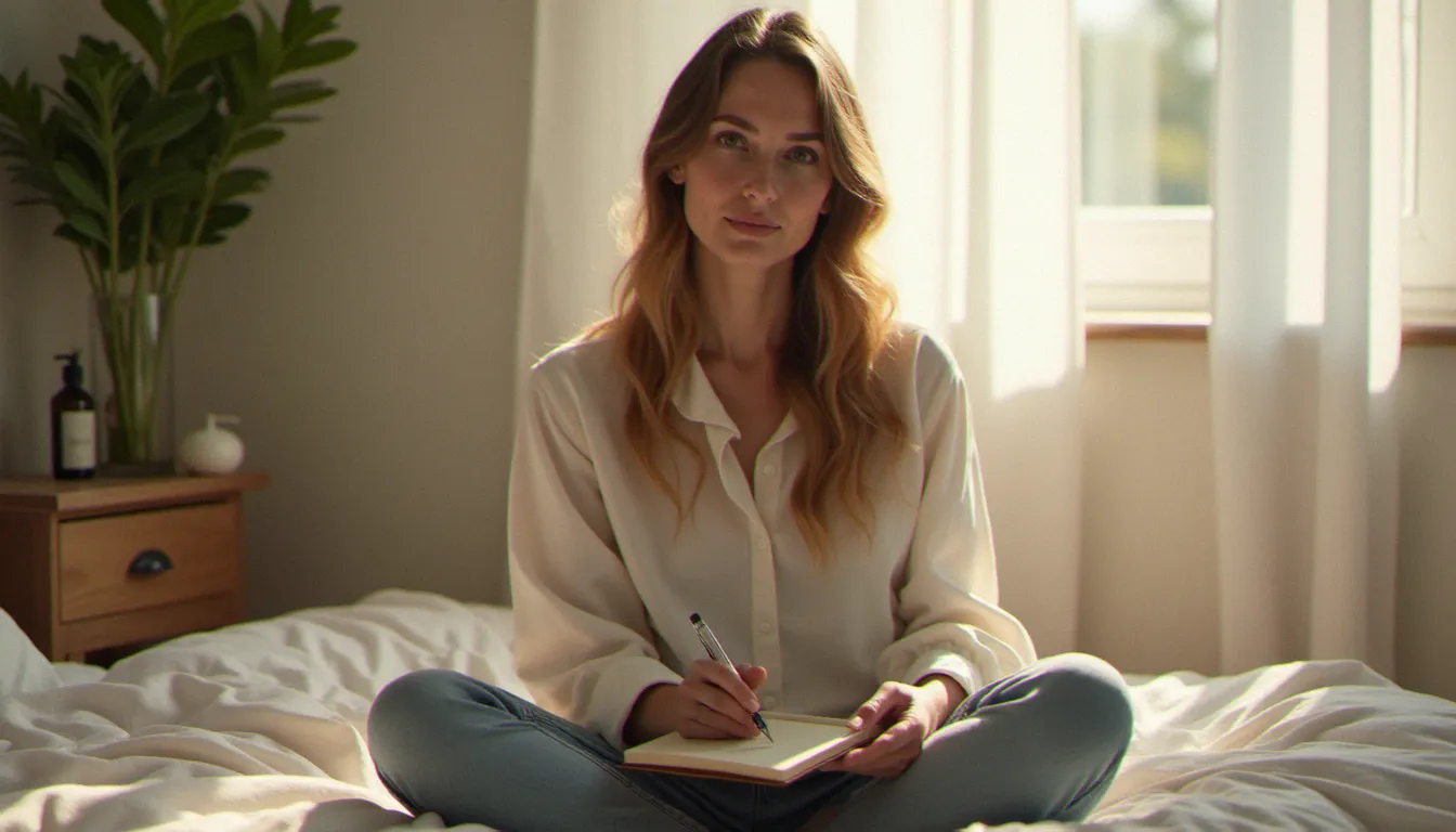 Femme tenant un journal de sommeil après une nuit améliorée grâce à l'utilisation régulière d'huile CBD, contexte naturel et rassurant
