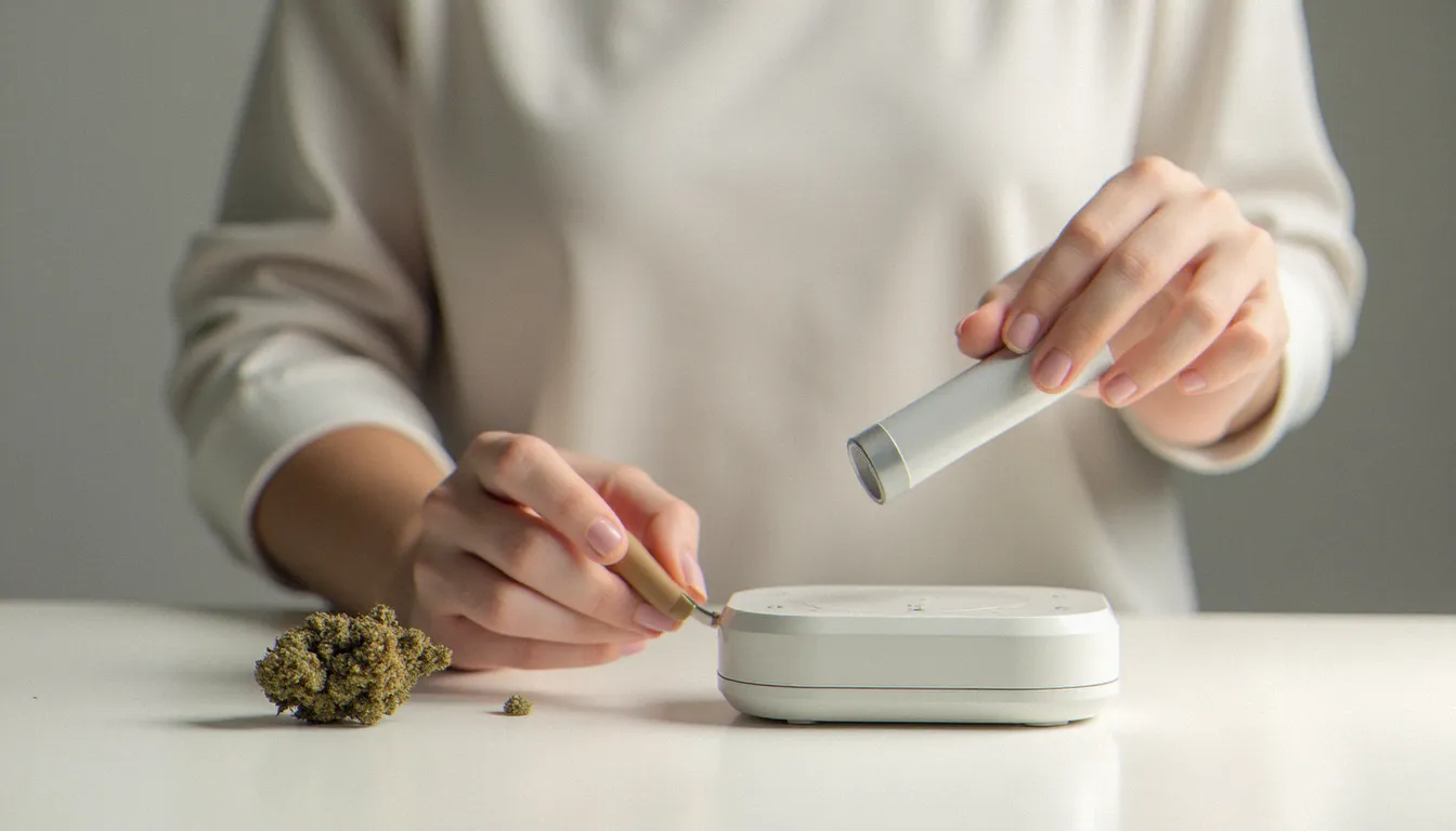 Vaporisateur de fleurs de CBD posé sur une surface blanche, alternative à la cigarette pour les personnes souhaitant éviter le mélange CBD tabac
