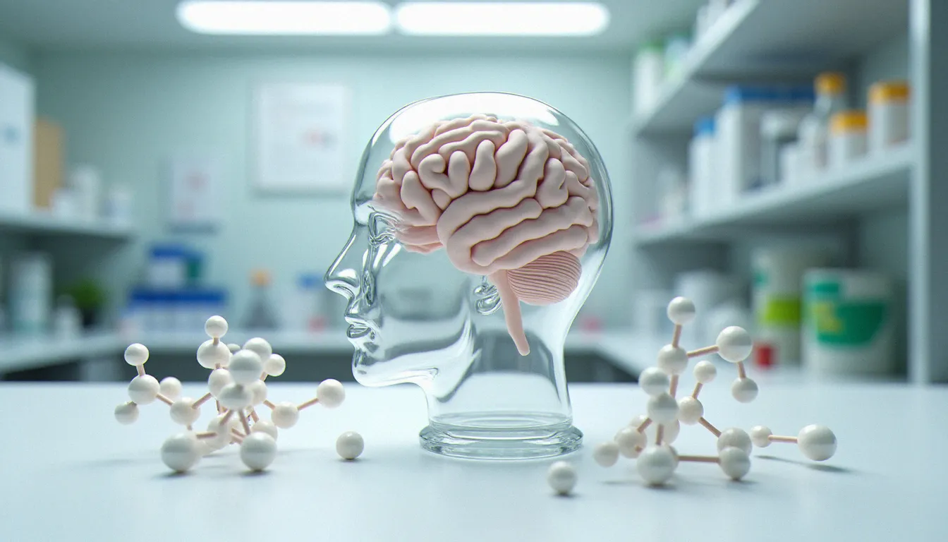 Modèle de cerveau humain transparent entouré de structures moléculaires de cannabidioïdes, représentant l'interaction des CBDs avec le système endocannabinoïde