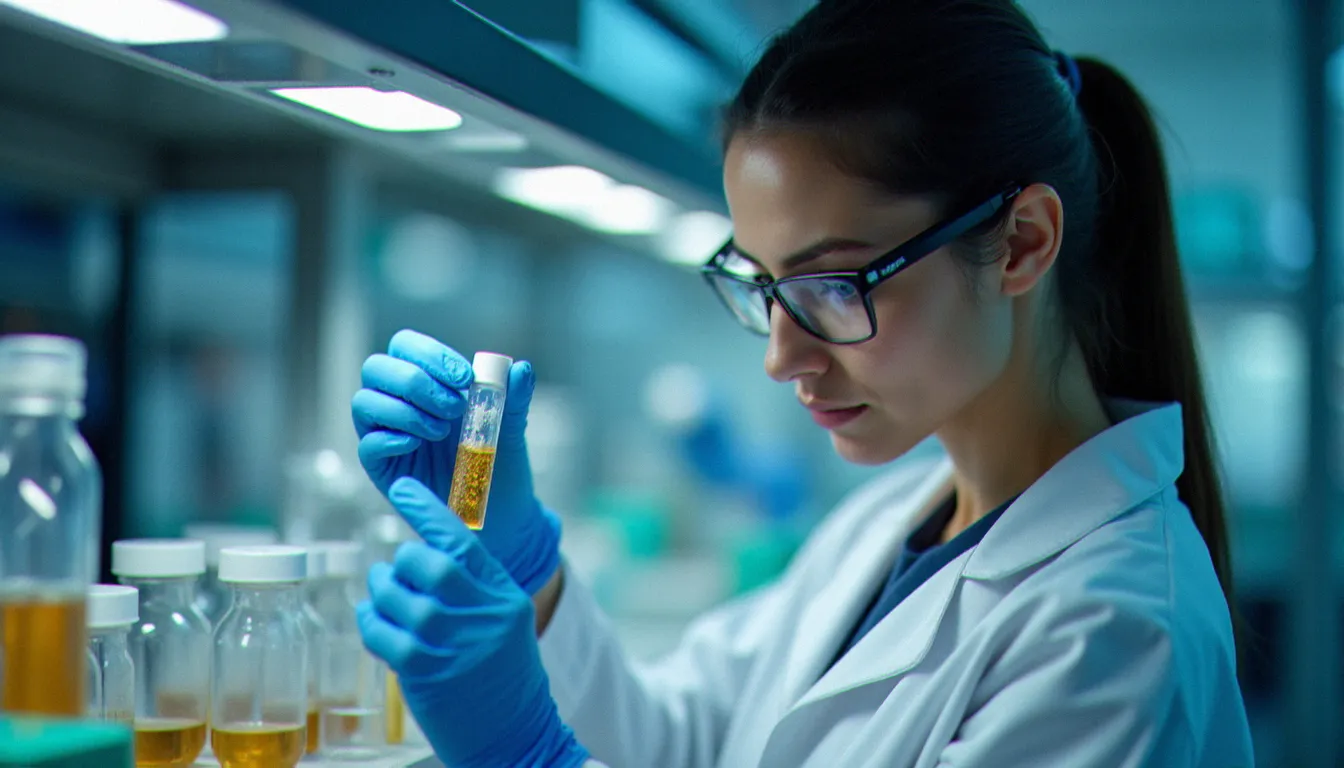 Scientifique en blouse blanche analysant un extrait de CBDs en laboratoire spécialisé avec des équipements chromatographiques en arrière-plan