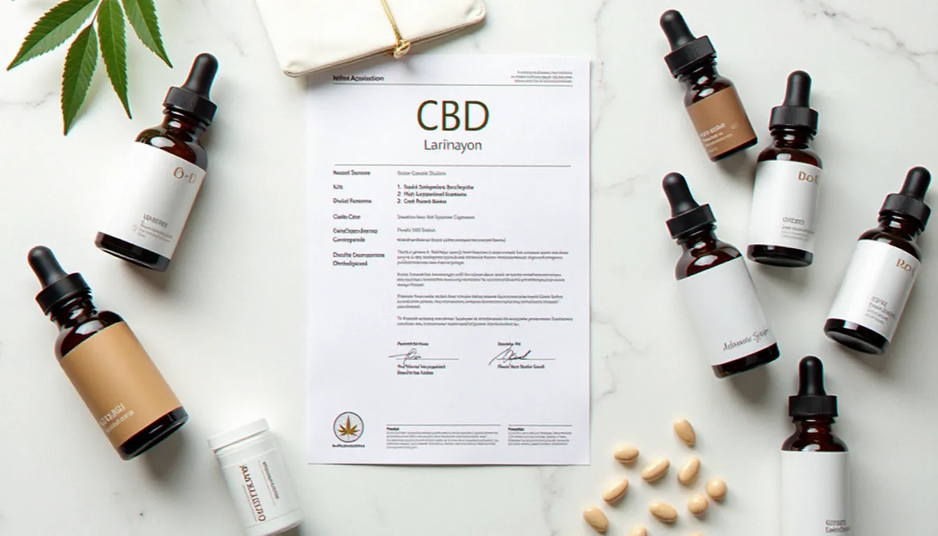 Sélection de produits à base de CBDs avec certificat d'analyse posés sur marbre blanc, illustrant les critères de choix d'un extrait de cannabidioïdes de qualité
