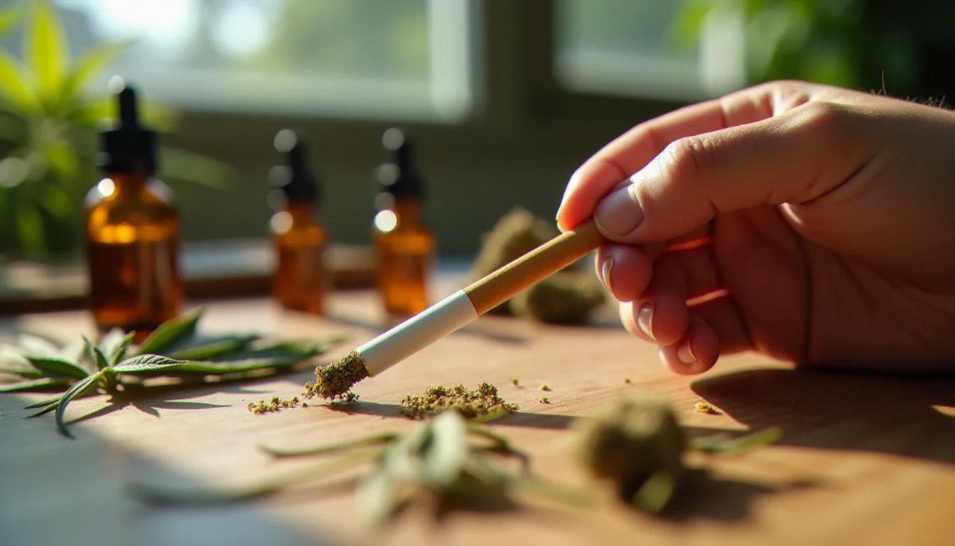 Cigarette CBD tenue à la main au-dessus d'une table en bois avec des feuilles de chanvre séchées, illustrant un produit au cannabidiol légal