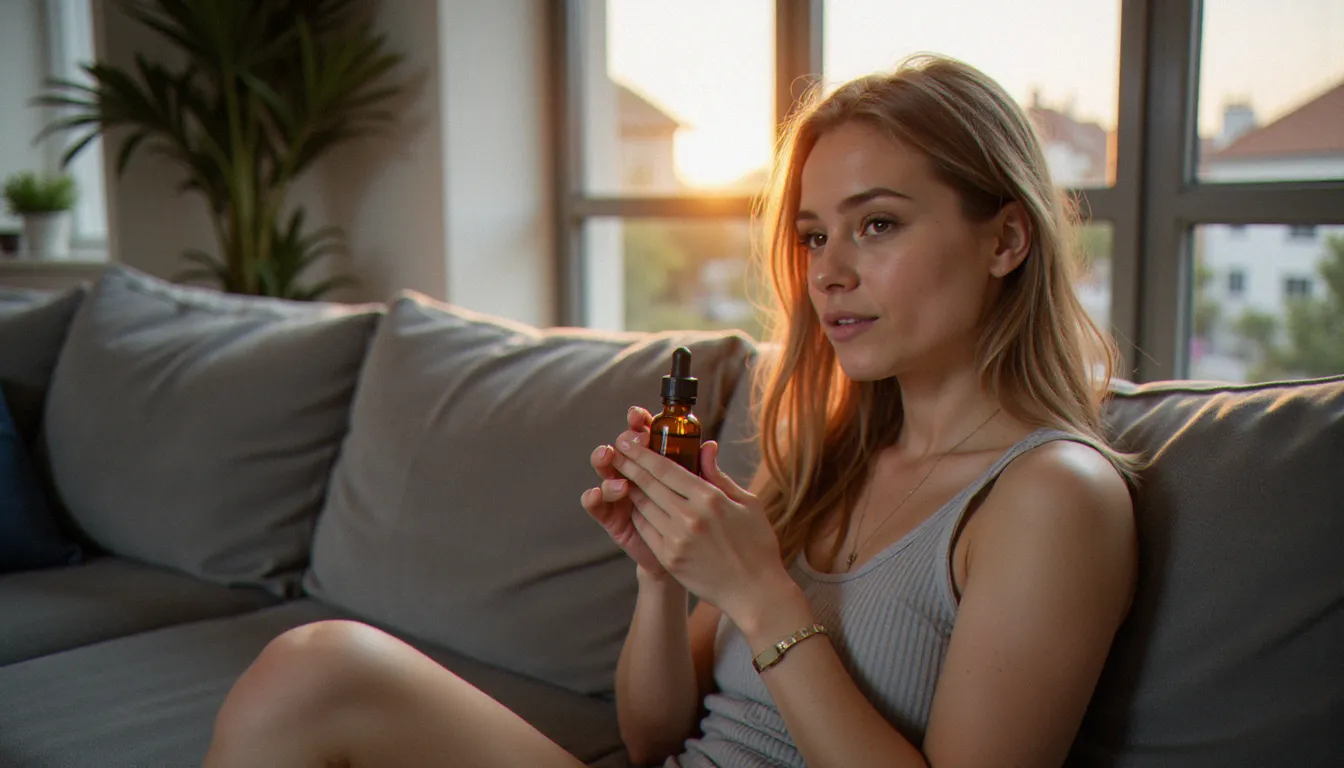Femme détendue tenant une huile crazy CBD dans un appartement contemporain alsacien, lumière dorée du soir créant une atmosphère apaisante
