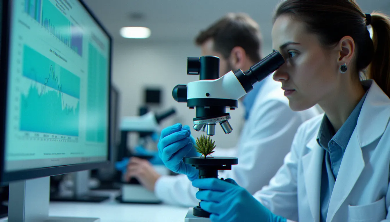 Technicien de laboratoire analysant la qualité et la composition chimique d'une fleur CBD pour vérifier son origine et son taux de cannabinoïdes