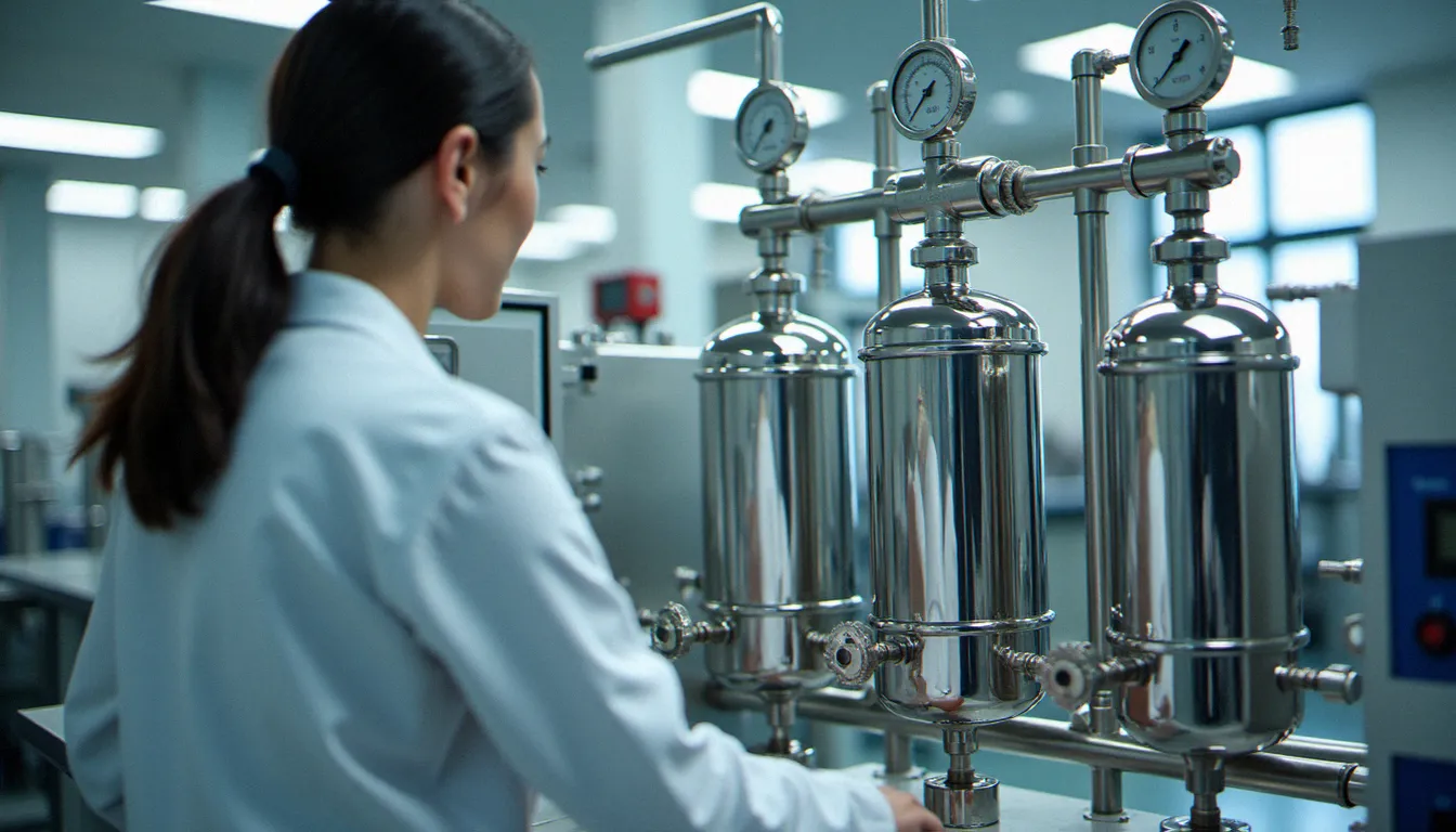 Machine d'extraction au CO₂ supercritique en laboratoire industriel utilisée pour la fabrication du golden CBD, avec technicien en blouse blanche