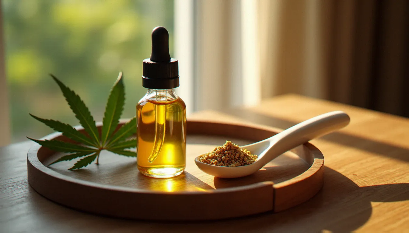 Plateau en bois avec flacon compte-gouttes d'huile dorée au CBD, balance de précision et cristaux de golden CBD sur cuillère en céramique, lumière naturelle chaude