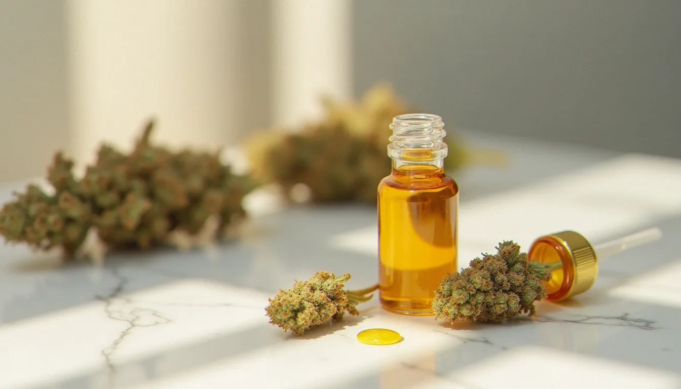 Fiole en verre ambré contenant du golden CBD concentré de couleur dorée translucide, posée sur marbre blanc avec fleurs de chanvre séchées