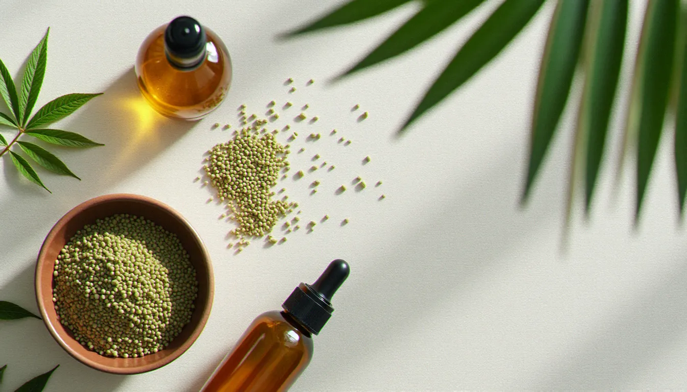 Vue du dessus d'un bol de graines de chanvre décortiquées avec feuilles et huile de chanvre, illustrant la composition nutritionnelle de la graine de CBD