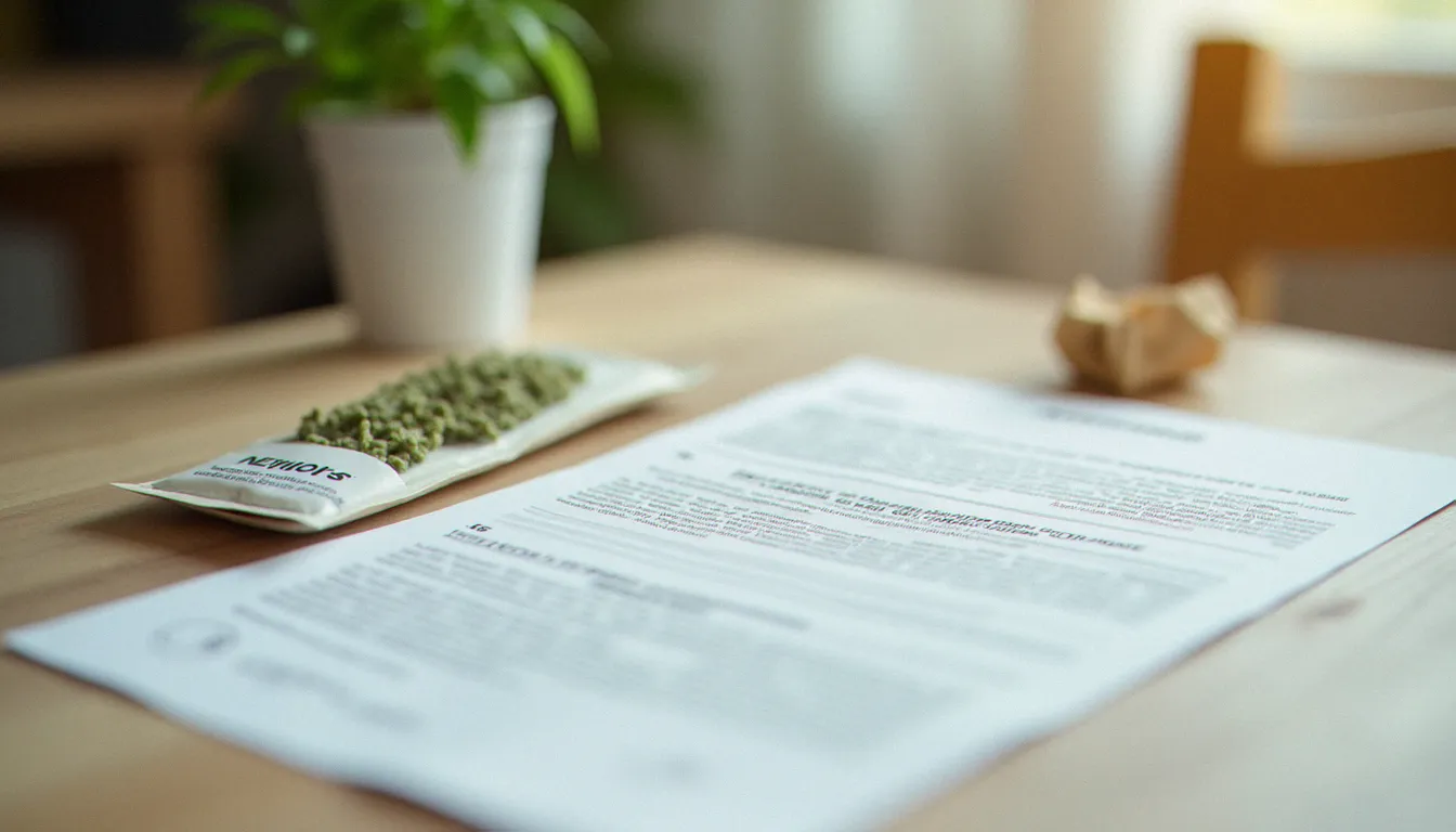 Document réglementaire et emballage de graines de CBD posés sur un bureau, illustrant le cadre légal français autour de la graine de CBD