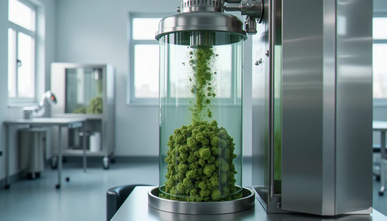 Machine d'extraction au CO₂ supercritique dans un laboratoire de transformation du chanvre, équipements en acier inoxydable et matière végétale visible