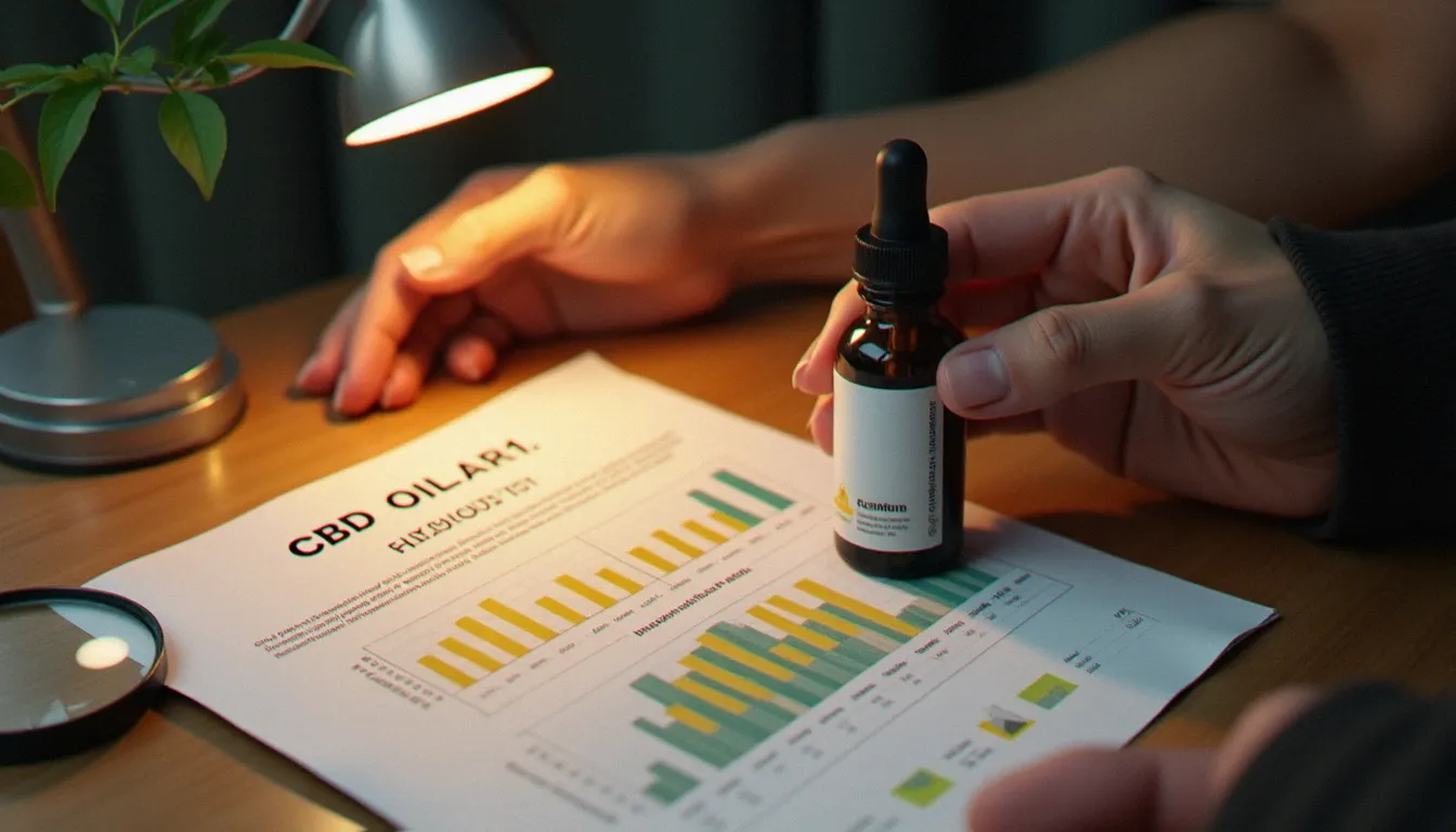 Personne tenant un certificat d'analyse de laboratoire à côté d'un flacon d'huile CBD, avec loupe posée sur les résultats analytiques imprimés