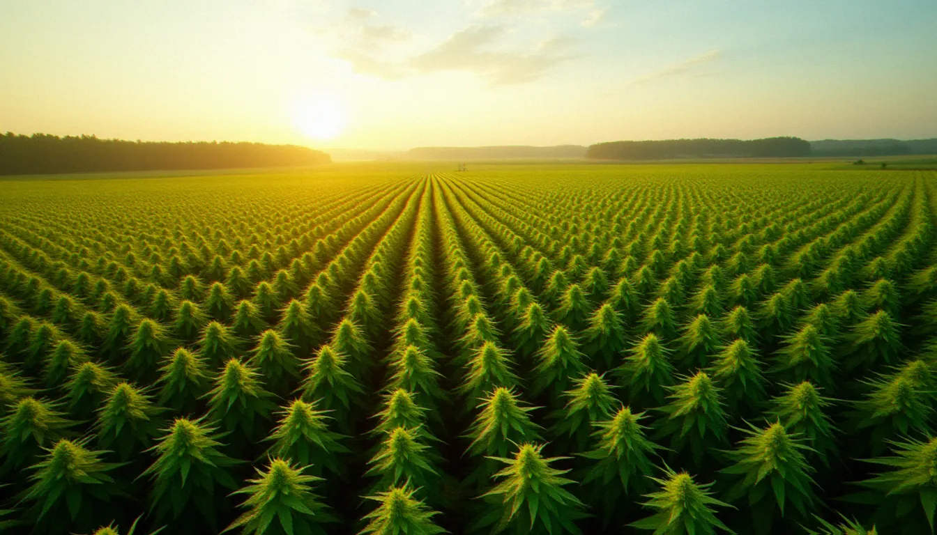 Champ de chanvre industriel en fleurs dans la campagne alsacienne, illustrant les zones de culture européennes du chanvre pour huile CBD sans THC