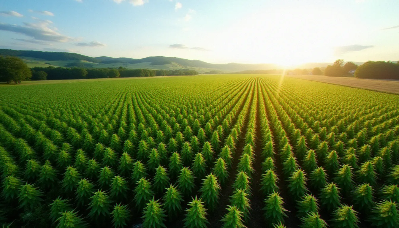 Champ de chanvre biologique en fleur en Alsace, région d'origine du chanvre utilisé pour fabriquer l'huile CBD sans THC française