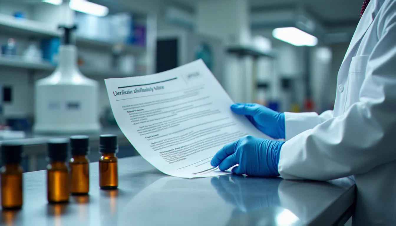 Scientifique en laboratoire vérifiant un certificat d'analyse de traçabilité pour une huile CBD sans THC, matériel analytique visible en arrière-plan