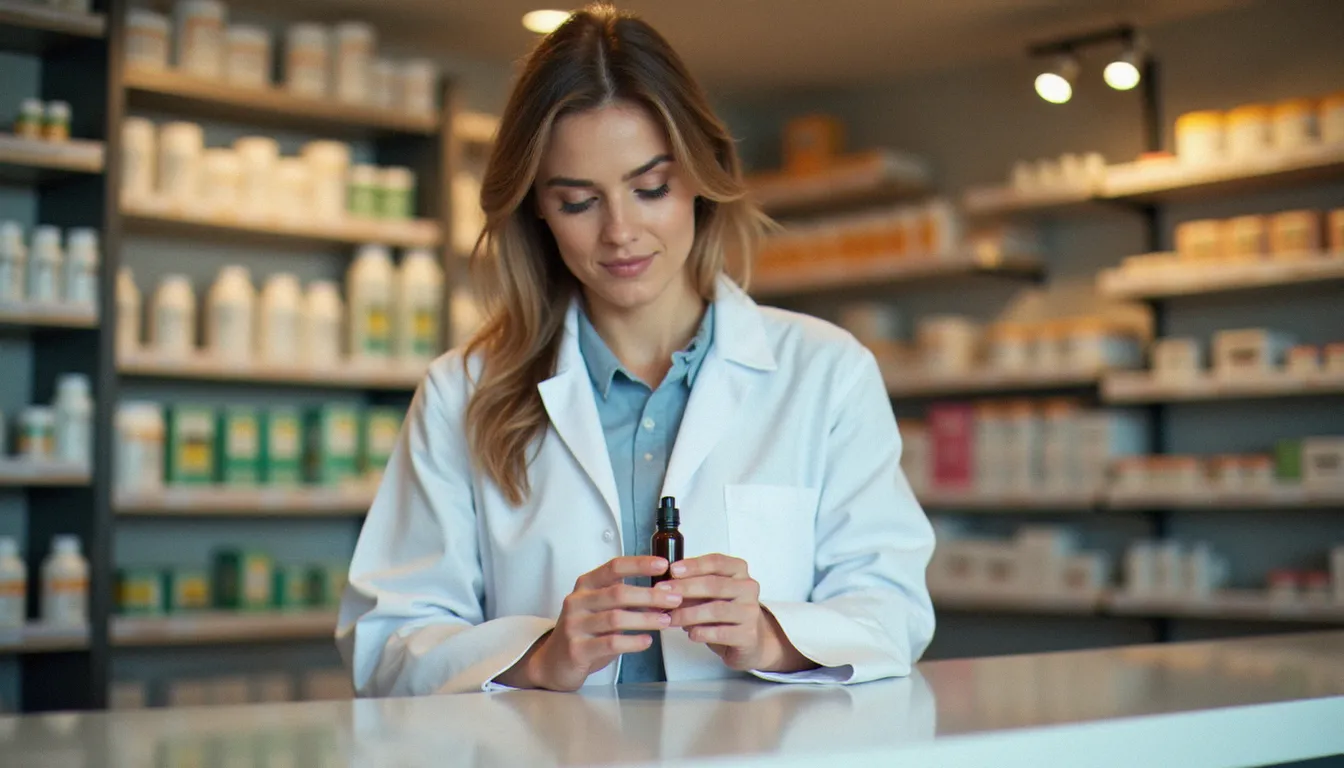 Pharmacienne suisse examinant attentivement une bouteille d'huile CBD en officine, illustrant le cadre réglementaire rigoureux encadrant le CBD en Suisse et en France