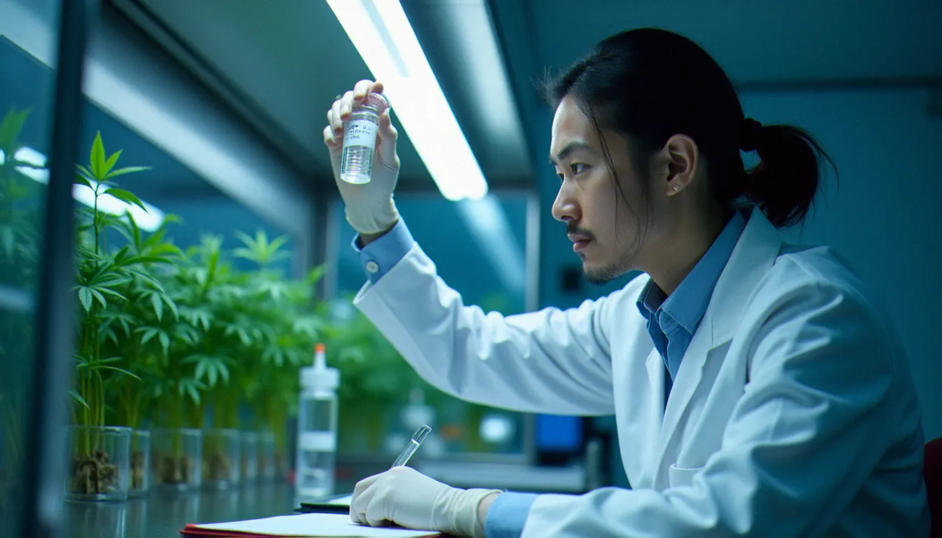 Scientifique en laboratoire analysant un échantillon de cannabidiol sous lumière contrôlée, illustrant l'importance des certifications d'analyse pour garantir la qualité des produits CBD