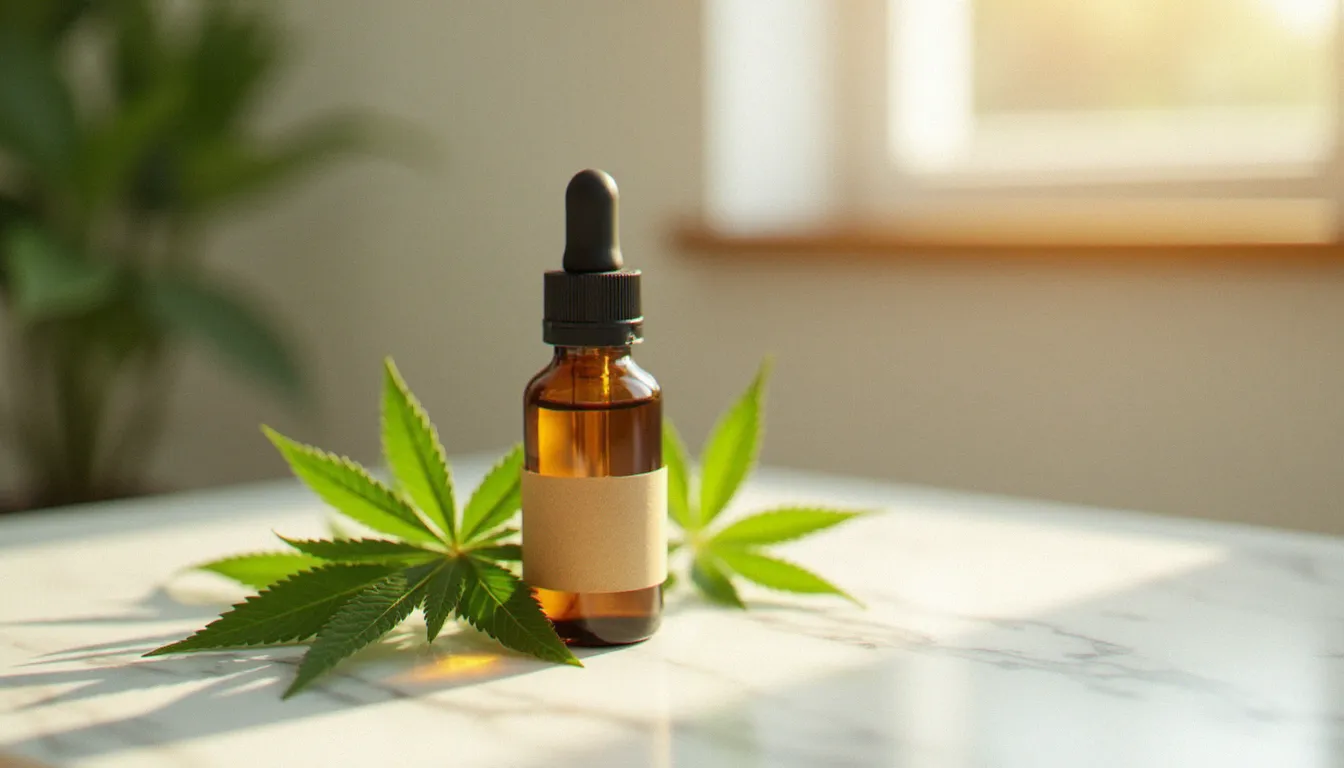 Flacon en verre ambré d'huile CBD dorée posé sur du marbre blanc avec des feuilles de chanvre, illustrant les ressources d'information sur info-cbd.ch pour choisir le bon cannabidiol