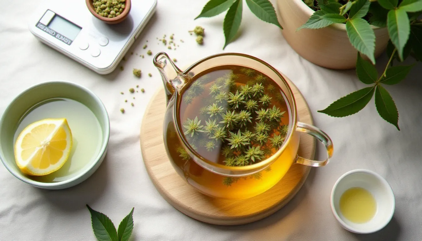 Vue aérienne de la préparation d'une infusion CBD avec théière, huile de coco, citron et fleurs de chanvre dosées sur une balance, montrant la méthode optimisée pour maximiser la biodisponibilité