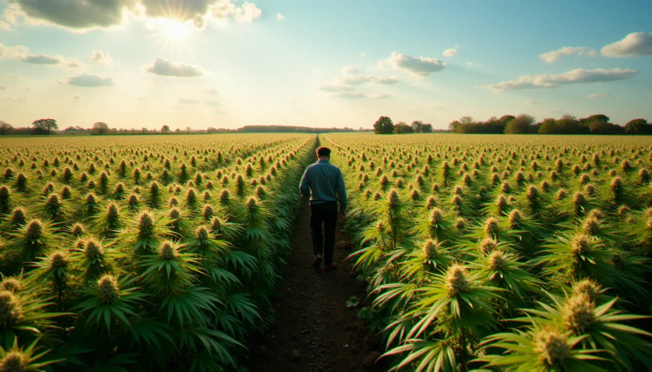 Champ de chanvre CBD en fleurs cultivé en France, récolte traçable pour la fabrication des infusions CBD OrigIneCBD