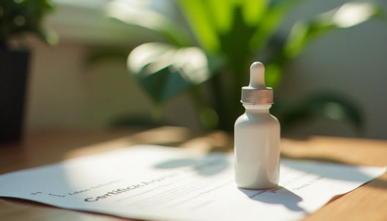 Flacon d'huile ivory CBD blanc avec son certificat d'analyse posé sur un bureau, illustrant les critères de qualité à vérifier avant l'achat