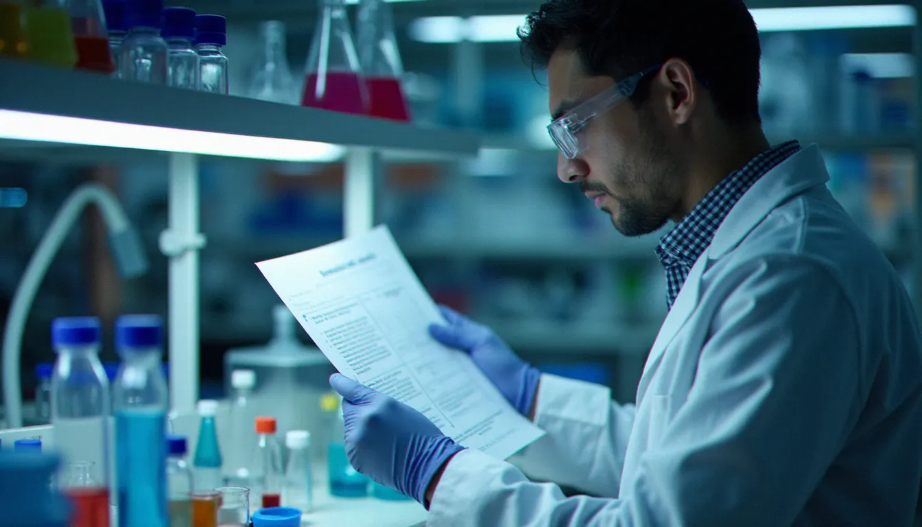 Scientifique en blouse blanche analysant un certificat d'analyse de CBD dans un laboratoire accrédité, processus de vérification qualité avant achat de CBD au kilogramme