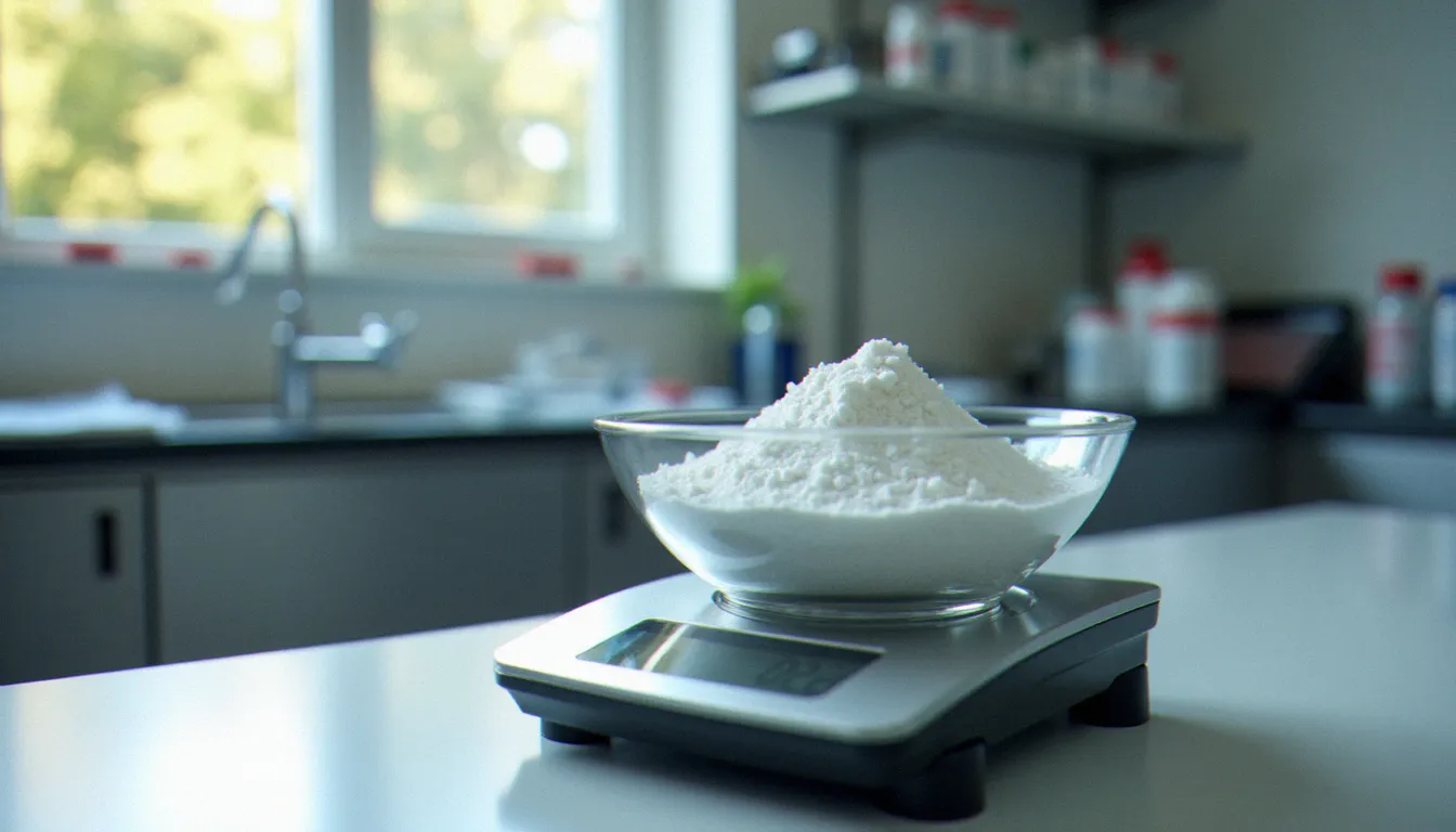 Balance de laboratoire pesant de la poudre d'isolat de cannabidiol blanc, représentant l'achat d'un kilogramme de CBD en milieu professionnel