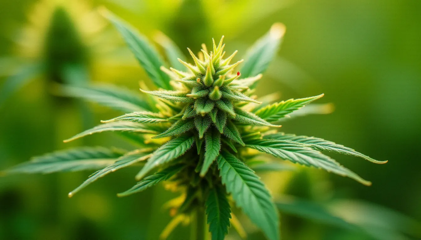 Gros plan sur une fleur de chanvre CBD avec trichomes visibles et résine brillante, prise en lumière naturelle dans une ferme de culture biologique