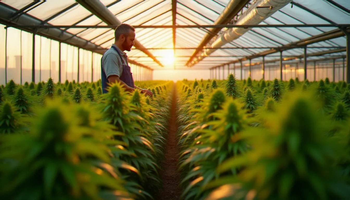 Intérieur d'une serre de culture de chanvre CBD en Europe avec plants alignés sous lumière naturelle filtrée, producteur effectuant un contrôle qualité visuel des plantes