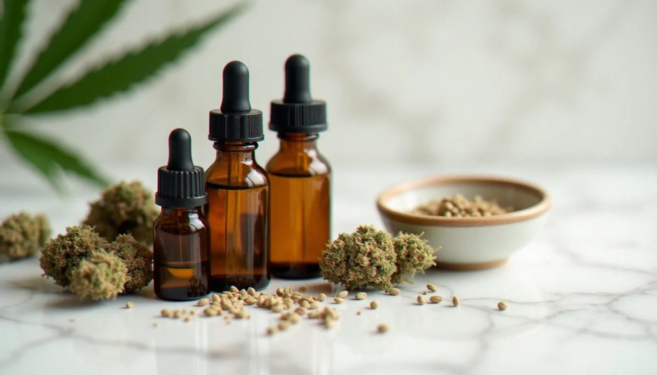 Gamme de produits CBD huiles et fleurs disposés sur marbre blanc, représentatif de l'offre des Frères CBD