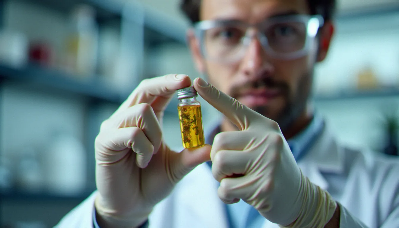 Technicien de laboratoire analysant un extrait d'huile CBD pour vérifier sa conformité réglementaire française