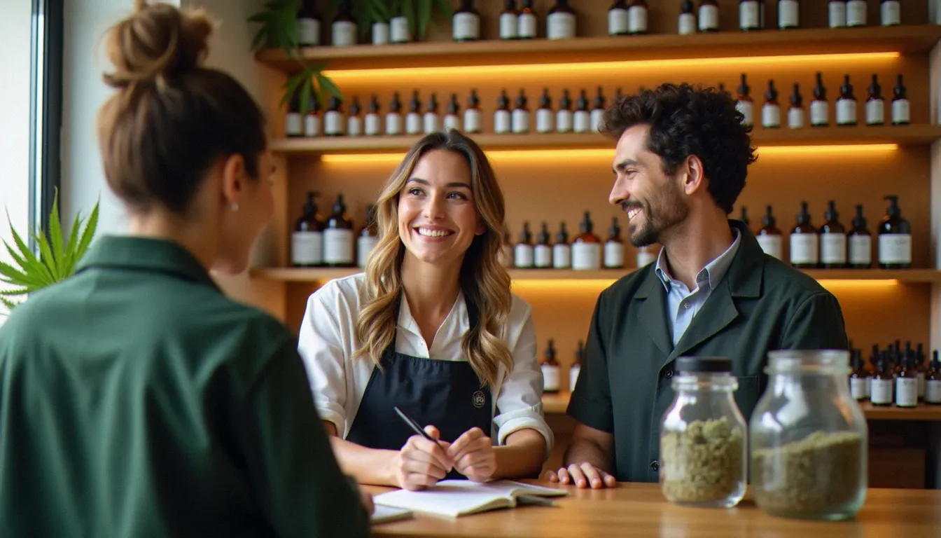 Intérieur d'une boutique Les Frères CBD avec présentoir d'huiles et de fleurs de chanvre, illustrant l'univers des frères cbd