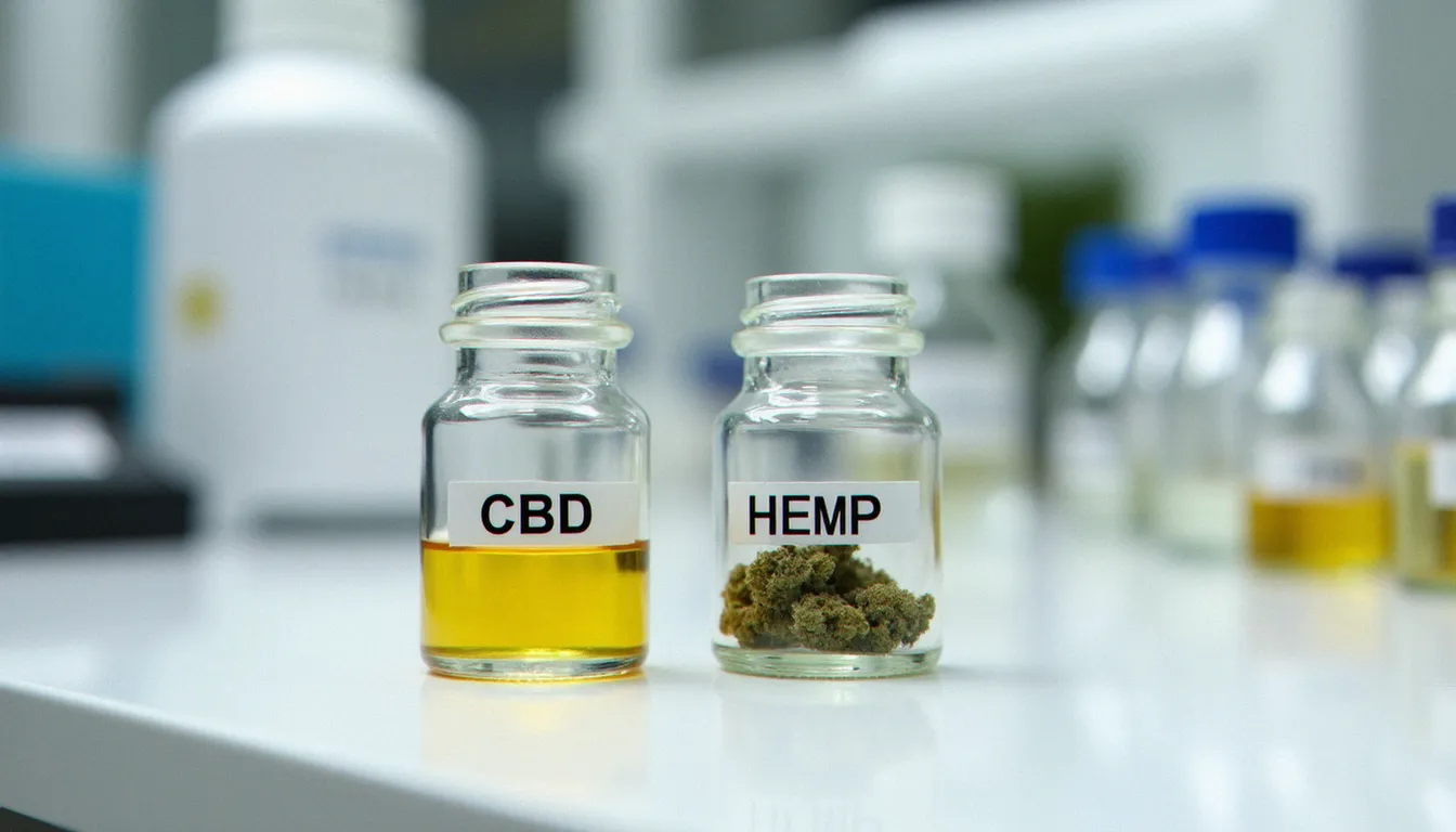 Comparaison entre huile CBD et fleur de chanvre CBD sur un plan de travail de laboratoire, illustrant les différences entre produits cannabidiol