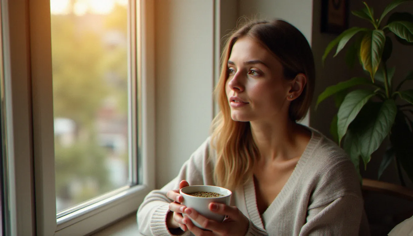 Femme détendue tenant une infusion de marie jeanne CBD près d'une fenêtre ensoleillée, illustrant la consommation apaisante du cannabidiol au quotidien