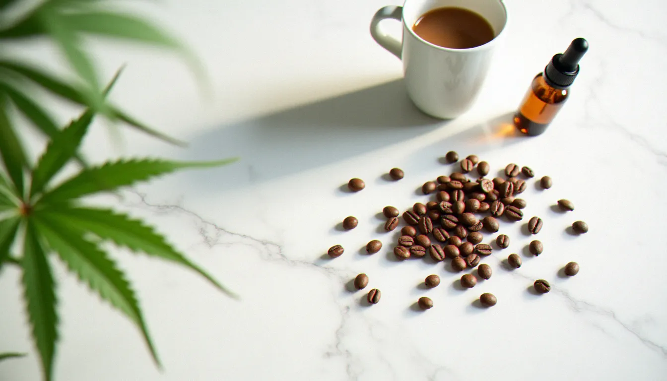 Vue aérienne sur marbre blanc des ingrédients du melbourne cbd coffee : grains de café, flacon d'huile CBD et feuilles de chanvre