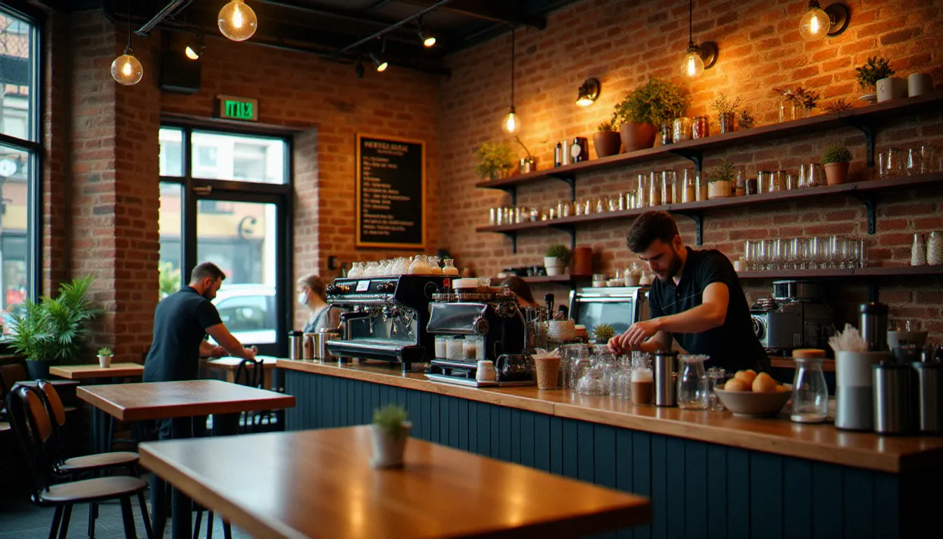 Intérieur d'un coffee shop branché de Melbourne dans le quartier de Fitzroy, représentatif des établissements qui proposent du melbourne cbd coffee