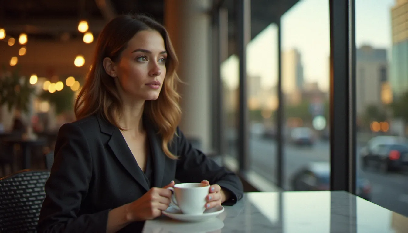 Femme professionnelle concentrée dégustant un melbourne cbd coffee dans un café vitré avec panorama sur le skyline australien baigné de lumière dorée