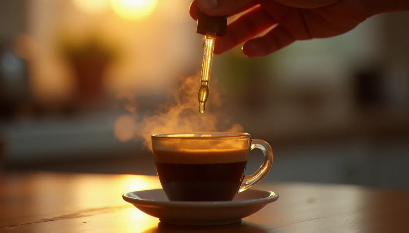 Ajout de quelques gouttes d'huile CBD dans un espresso pour préparer un café au CBD inspiré de la tendance melbourne cbd coffee