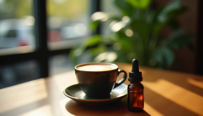 Café au lait de spécialité style melbourne cbd coffee servi avec une fiole d'huile de CBD sur un comptoir en bois de coffee shop australien