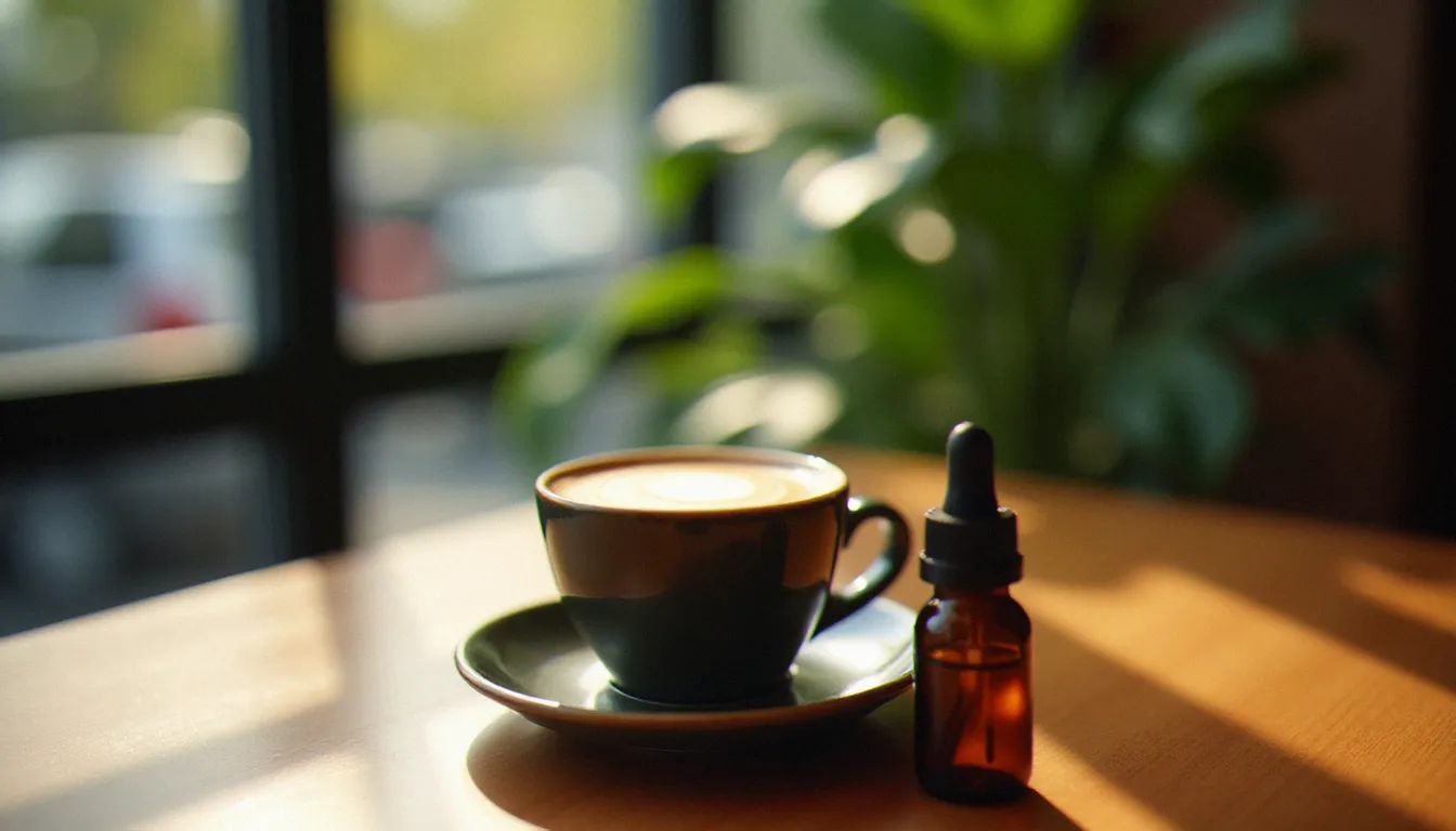 Café au lait de spécialité style melbourne cbd coffee servi avec une fiole d'huile de CBD sur un comptoir en bois de coffee shop australien