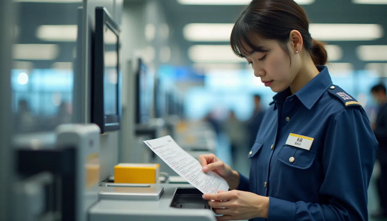 Agent des douanes japonaises inspectant des produits à l'aéroport de Kansai, illustration du contrôle douanier lié au CBD à Osaka