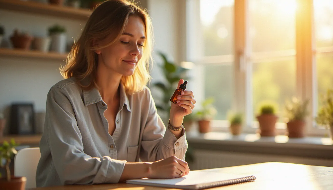 Femme sereine tenant un flacon d'huile CBD dans un bureau lumineux au matin, illustrant les effets anxiolytiques documentés du cannabidiol dans les études cliniques