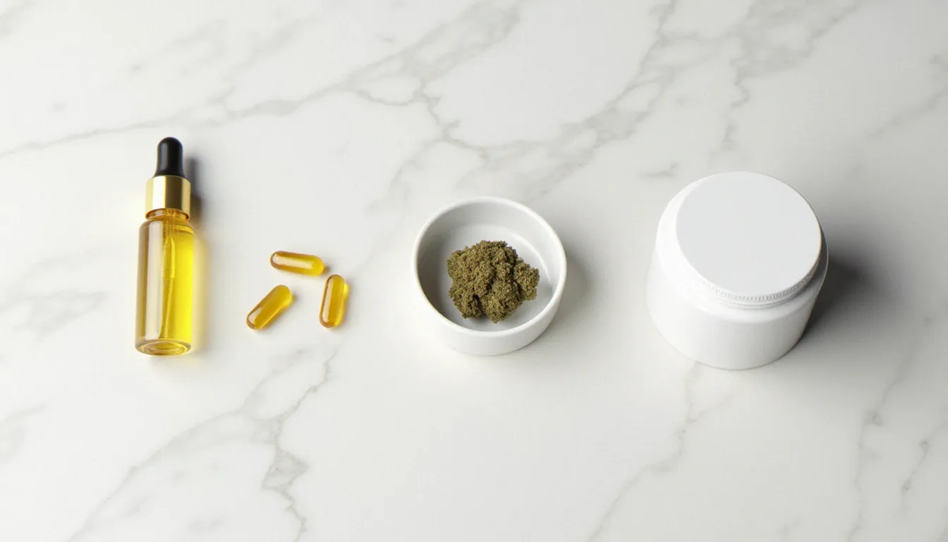 Comparatif des différentes formes de CBD — huile, gélules, fleur et crème topique — disposées sur un fond en marbre blanc