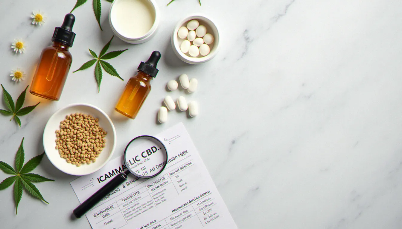 Sélection de produits CBD variés avec certificat d'analyse en laboratoire sous loupe, illustrant l'importance des critères qualité pour choisir un CBD efficace