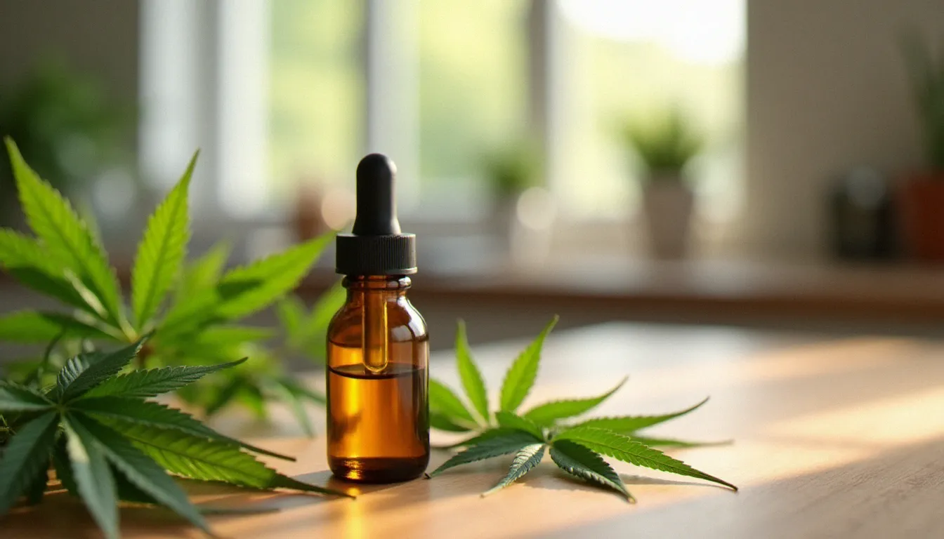Flacon d'huile CBD dorée avec des feuilles de chanvre sur une table en bois, illustrant les bienfaits du CBD présentés sur papatilleul.fr